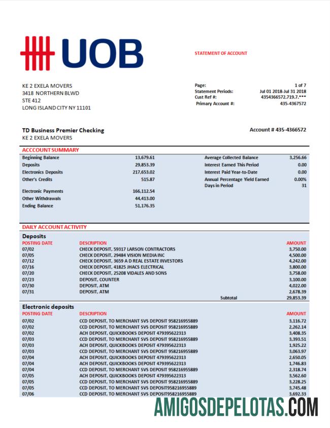 Baixável UOB (United Overseas Bank) Modelo de extrato de conta firme Word e PDF